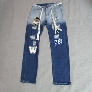 Womens Jeans Size 32 Blue Ombre Distressed Teddy Bear Varsity Preppy Academia